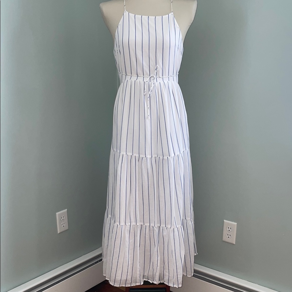 American Eagle Outfitters. White & Blue Striped Halter Tiered Maxi Dress. XL
